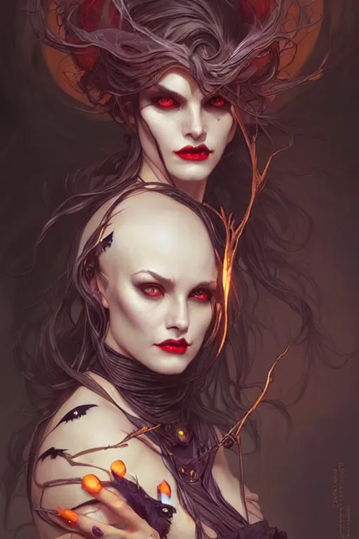 Image similar to halloween witch woman, fantasy magic, undercut hairstyle, intricate, elegant, sharp focus, illustration, highly detailed, digital painting, concept art, matte, art by wlop and artgerm and greg rutkowski and alphonse mucha, masterpiece