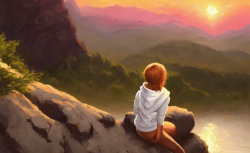 Prompt: A teenager with a white hoodie sitting on a big rock and watching the sunset, beautiful mountains, river, forest, moody, golden hour, oil painting by Frank Frazetta, digital art, WLOP, artstation, Mandy Jurgens