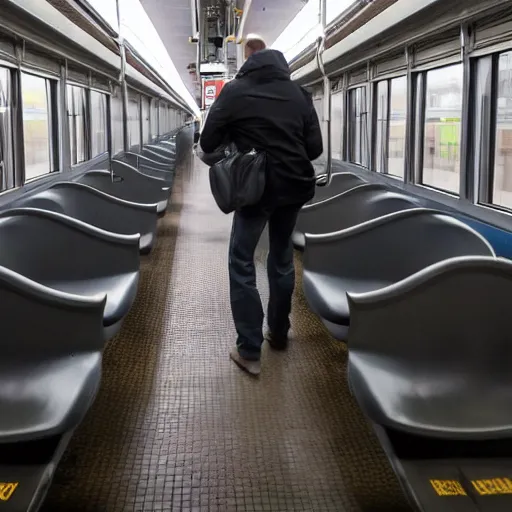 Prompt: the last man standing is riding an empty train to nowheresville, in a hurry