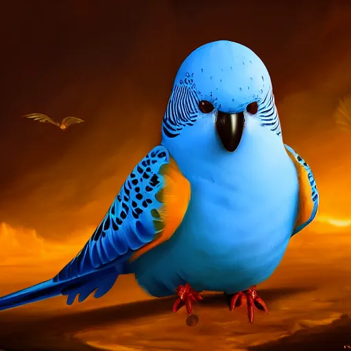 Image similar to an oil painting of a blue budgie with dragon wings, hd, hdr, ue 5, ue 6, unreal engine 5, cinematic 4 k wallpaper, 8 k, ultra detailed, high resolution, artstation, award winning