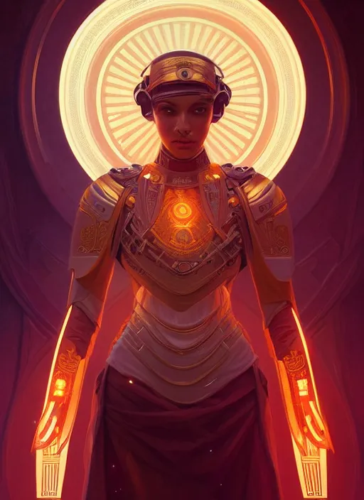 Image similar to symmetry!! portrait of ancient soldier, sci - fi, glowing lights!! intricate, elegant, highly detailed, digital painting, artstation, concept art, smooth, sharp focus, illustration, art by artgerm and greg rutkowski and alphonse mucha, 8 k