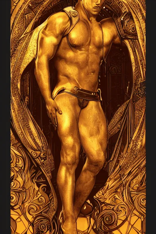 Prompt: arthur pendragon, dramatic lighting, golden hour, homoerotic, realistic, art nouveau | by mark maggiori | trending on artstation