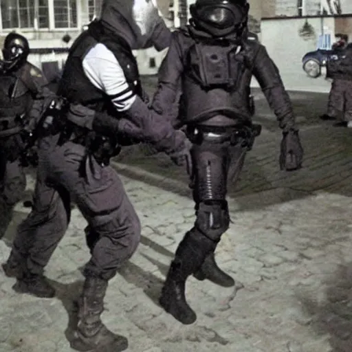 Prompt: arrest of an extraterrestrial grey alien zeta reticulan by spetsnaz