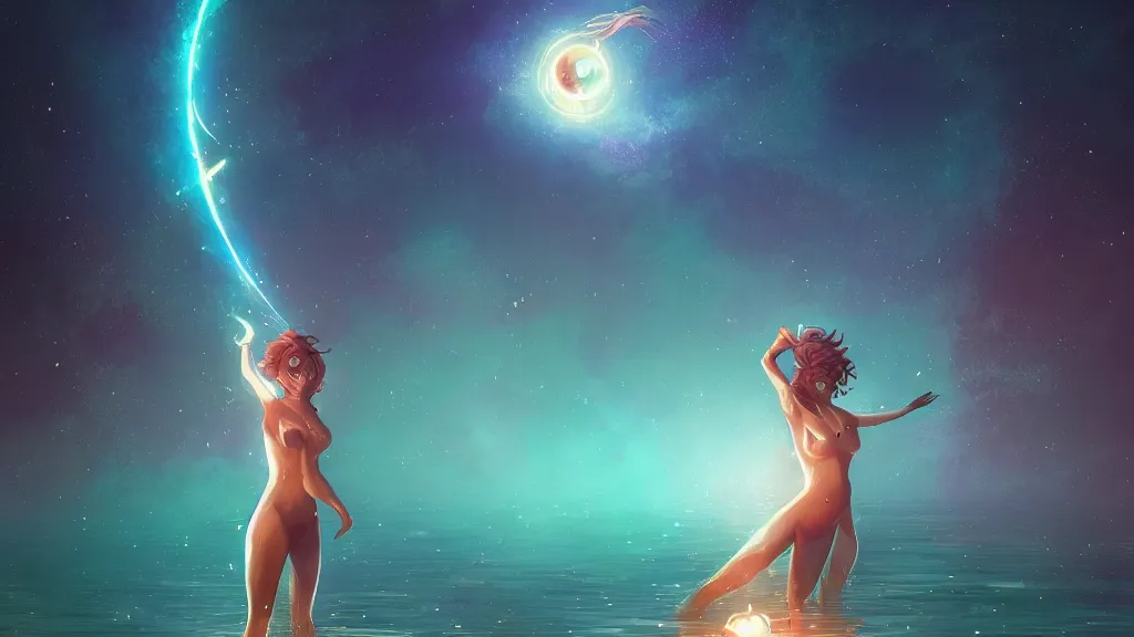 Prompt: one beautiful whimsical goddess standing in a lake basking in the moonlight, underneath a multi-colored binary blackhole with an accretion disc, glowing trails following her arms, steampunk, by Lois van Baarle, by Greg Rutkowski, by artgerm, by beeple, by studio ghibli, cinematic angle, volumetric lighting, 4k resolution, octane render, trending on artstation, masterpiece