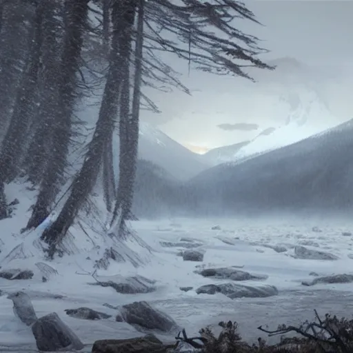 Prompt: illustration of an alaskan wildness just before darkness, greg rutkowski