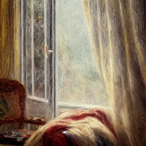 Image similar to on a rainy day, someone in home sits in bed, curled up under the covers, looking out the window, cinematic, artstation, extremely detailed, intricate, cinematic lighting, art by pierre - auguste renoir
