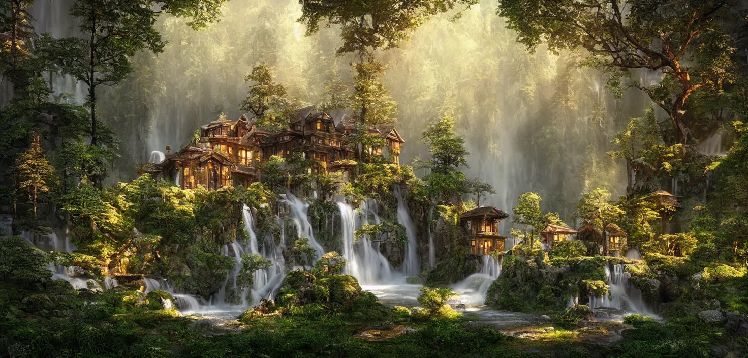 Image similar to beautiful big house in the forest, waterfall flows down from the mountain, octane render, fabulous, hyper detailed, random cinematic view, no noise, global illumination, warm lighting, volumetric, godrays, vivid, by jordan grimmer