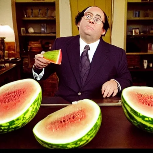 Image similar to “Frank Reynolds (from It's Always Sunny In Philadelphia) as the US President eating a watermelon, informal journalistic style photo by Steve McCurry”