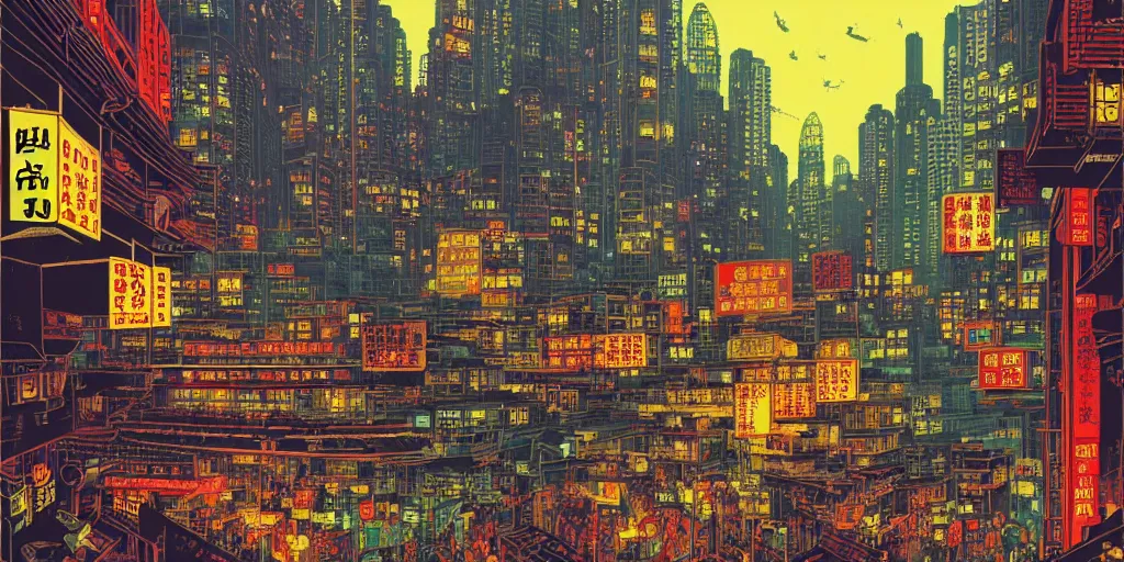 Prompt: artwork of hong kong by dan mumford and toshi yoshida and peter doig, vintage scifi, highly detailed, dramatic lighting, 8 k