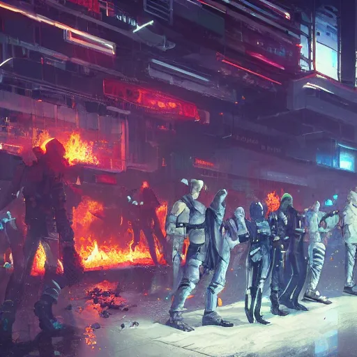 Image similar to cyberpunk rioters, detailed digital illustration by greg rutkowski, fire, placards, forced perspective, android netrunner