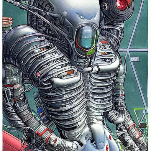 Prompt: A Hyper-Detailed Alien, Future Tech, Art by Katsuhiro Otomo ::
