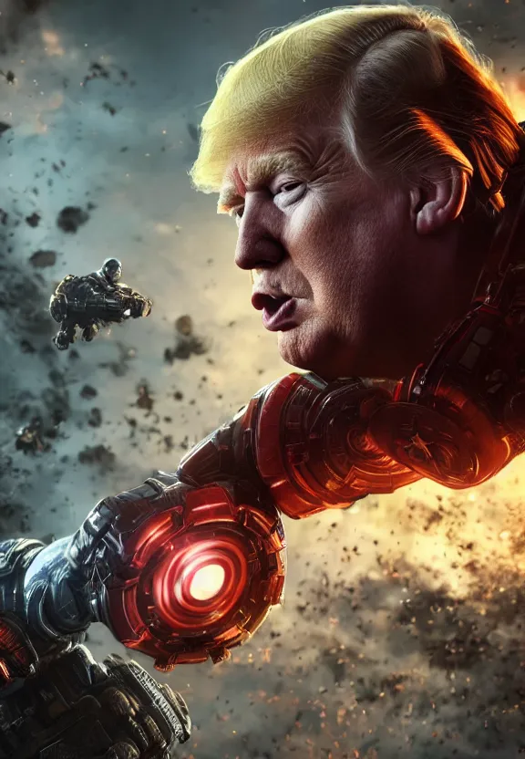 Image similar to Portrait of Donald Trump as captain america in Gears of War, splash art, movie still, cinematic lighting, dramatic, octane render, long lens, shallow depth of field, bokeh, anamorphic lens flare, 8k, hyper detailed, 35mm film grain