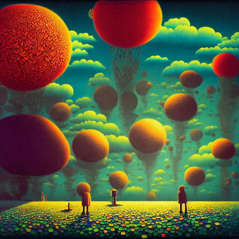 Image similar to surreal glimpse into other universe, zeppelin, island, summer morning, very coherent and colorful high contrast, art by! gediminas pranckevicius! geof darrow, volumetric lighting, cinematic, floralpunk screen printing woodblock, dark shadows, hard lighting, stipple brush