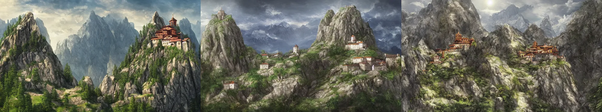 Prompt: a monastery on the top of a rough, steep mountain with great view on other mountains, epic, no trees, no foliage, realistic light, epic, fantasy, digital art