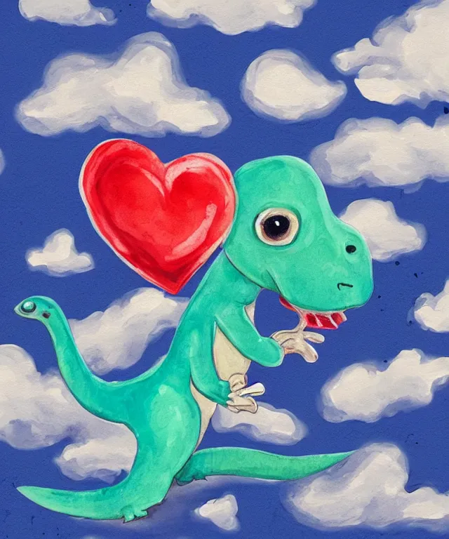 Image similar to a cute little dinosaur, water painting, heart - shaped clouds