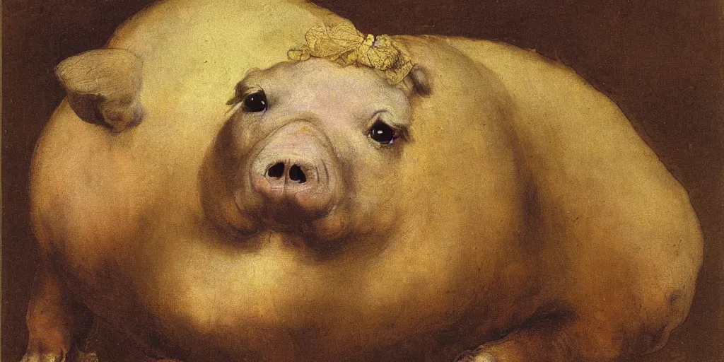 Prompt: a happy fat flying pig, portrait, by rembrandt