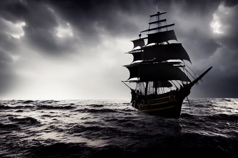 Image similar to the black pearl from pirates of the caribbean sailing across rough and cruel seas, volumetric lighting, f 8 aperture, cinematic eastman 5 3 8 4 film