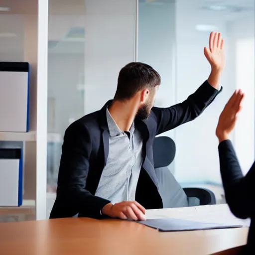 Prompt: photo of a young man waving goodbye to his coworker in office