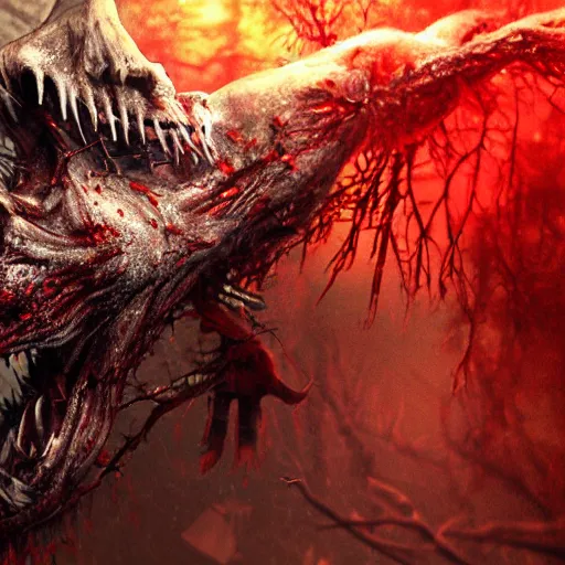 Prompt: A realistic detailed photo of a creepy demon, blood, exploded belly, red eyes, destroyed body, dead skin, dead trees, detailed body, teeth filled with cavities, foggy landscape, creepy, light particles, detailed light, realistic shaders, trending on artisation, detailed textures, detailed, realistic.