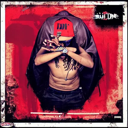 Image similar to drill hip hop album cover from rapper called'lil budi cakep ', thats album name'slow or die'stable image, and hyprealistic, with parent advisory