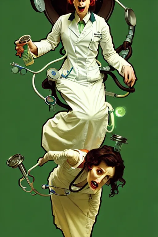 Image similar to doctor who, woman, as a mad dentist, on a plain green background, art by artgerm and greg rutkowski and alphonse mucha