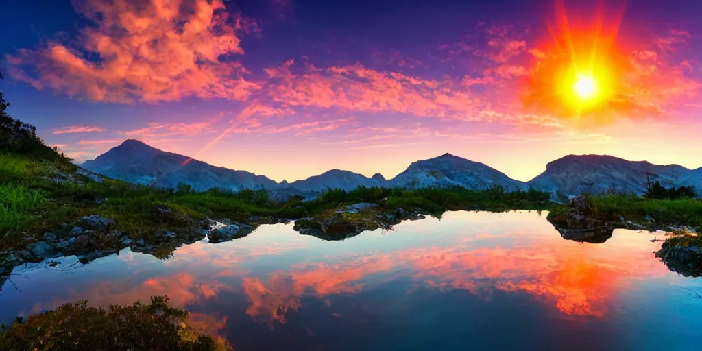 Image similar to A big and beautiful neon mountain with a clear pond in front of it and an orange sun behind the mountain, professional photography, vivid