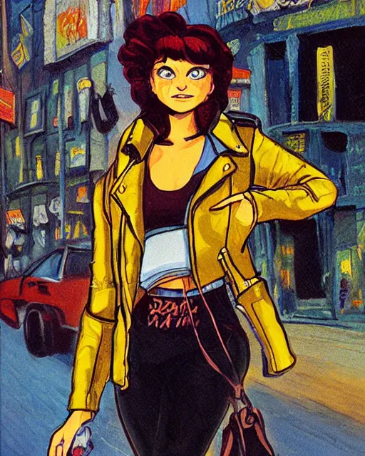 Image similar to young female protagonist in leather jacket, city street, artwork by ralph bakshi