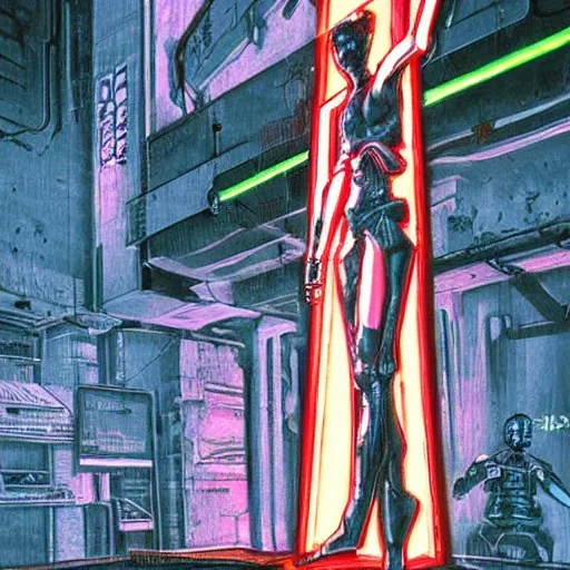 Image similar to neon cyberpunk robot crucified by matthias grunewald