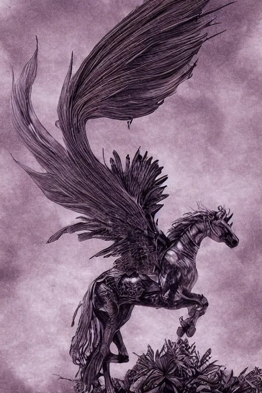 Image similar to pegasus, in the style of Greg Broadmore and Arthur Rackham,trending on artstation, light lighting side view,digital art,surrealism ,macro,blueprint ,vaporwave ,