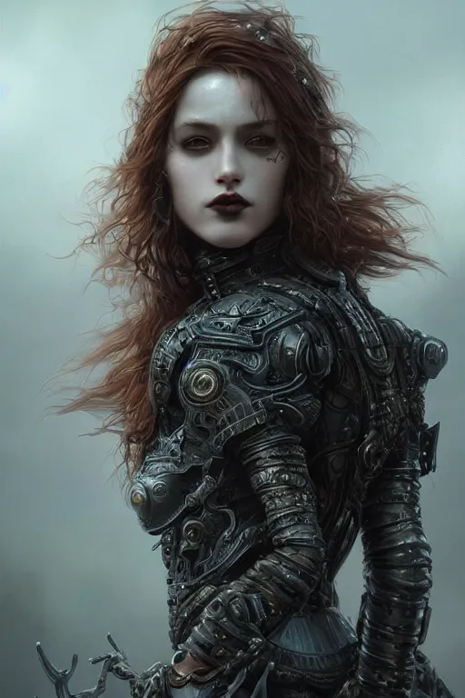 Prompt: ultra realist and ultra intricate detailed soft painting of a female beast covered by a gothic armor, thin lustrous auburn hair fur, symmetry features, sensual gloomy style, soft painting, volumetric clouds, cyberpunk background, artstation, Tom Bagshaw artstyle, unreal render, depth of field