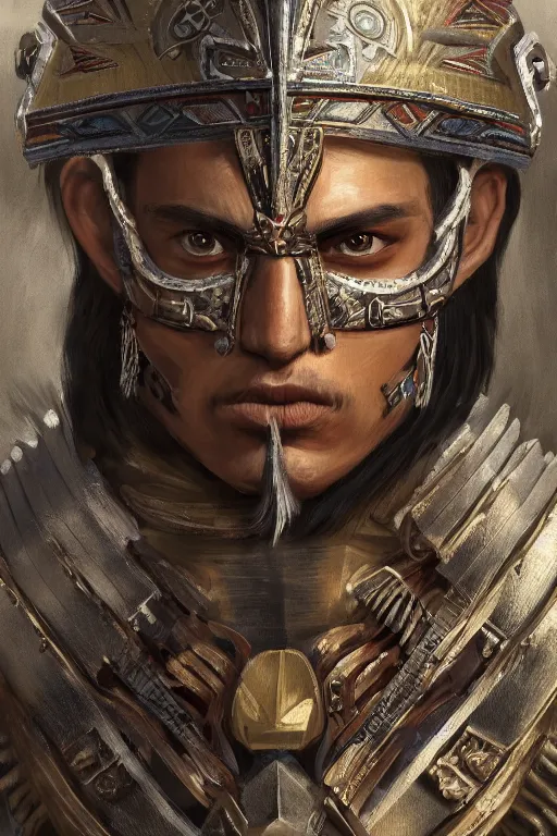 Prompt: a finely detailed painting of an aztec warrior, clothed in mexica military-style battle armor, long dark hair, beautiful bone structure, symmetrical facial features, intricate, elegant, digital painting, trending on Artstation, concept art, smooth, sharp focus, illustration, from Metal Gear by Kevin Keele and Nicolas Aviori,