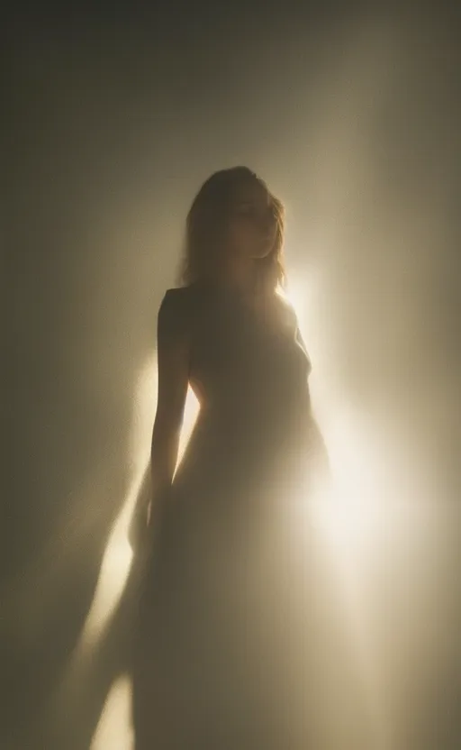 Image similar to photograph of a beautiful woman standing next to a window god rays shining on her from the sunlight, volumetric fog, smoke, depth of field, beautiful composition, featured on artstation and instagram