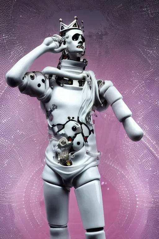 Image similar to full-body rococo and cyberpunk style porcelain and chrome statue of a young attractive Marcelo Mastro android novinho gostoso e dotado falling from the sky, glowing white laser eyes, prince crown of pink gears, diamonds, swirling silver-colored silk fabric. futuristic elements. full-length view. space robots. human skulls. intricate artwork by caravaggio. Trending on artstation, octane render, cinematic lighting from the right, hyper realism, octane render, 8k, depth of field, 3D