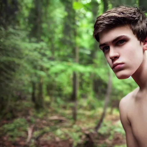 Image similar to a teenage boy, around 1 9 yo. looking sad. natural brown hair. loincloth, pale skin. detailed face. ominous and eerie looking forest i'm background. natural colors.