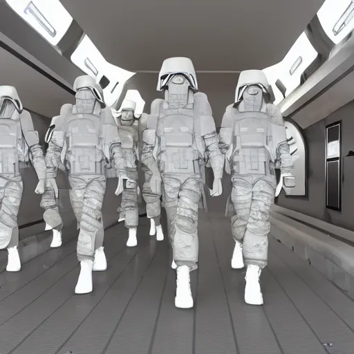 Prompt: a squad of futuristic soldiers in a spaceship hallway