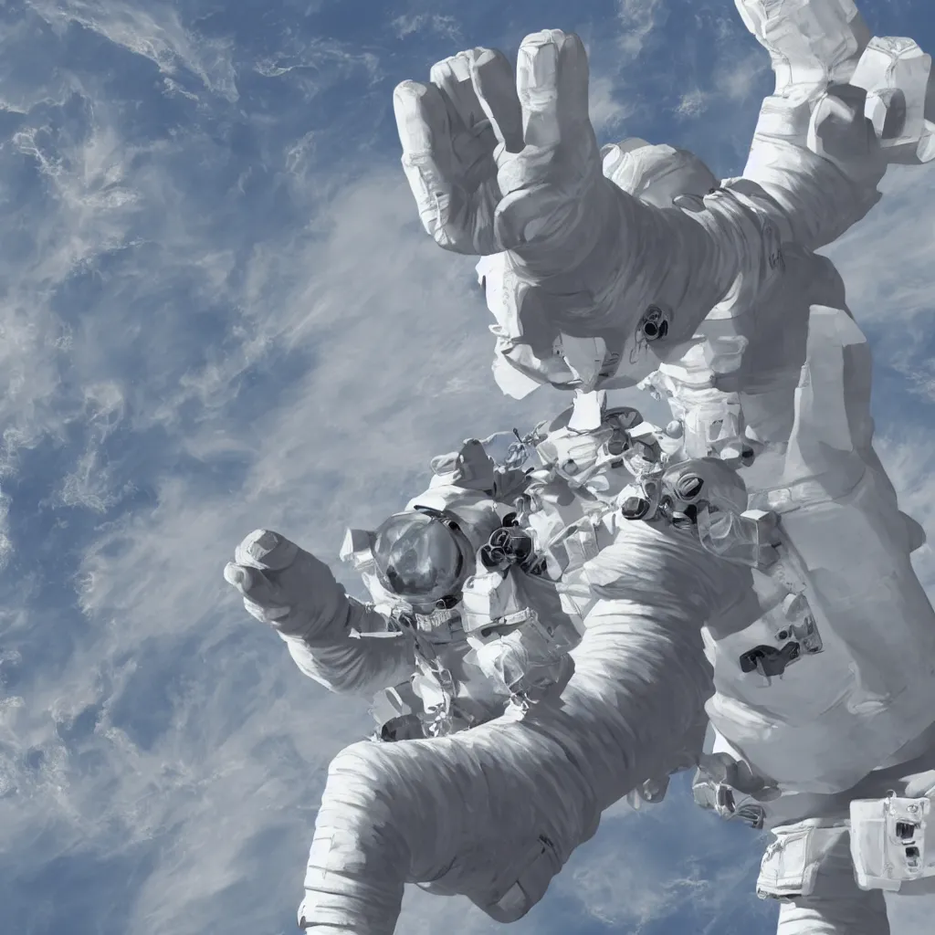 Image similar to illustration of a giant hand placing a life - sized grey plastic sculpture of an astronaut atop a building