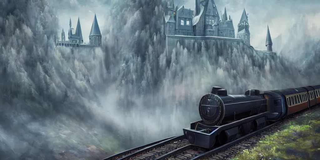 Image similar to mysterious painting of Hogwarts train, immaculate scale, hyper-realistic, Unreal Engine, Octane Render, digital art, trending on Artstation, 8k, detailed, atmospheric, immaculate