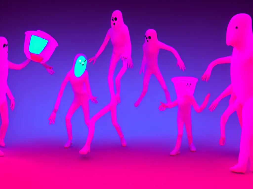 Image similar to ghosts and spirits surrounding a glowing neon pink cauldron hd render