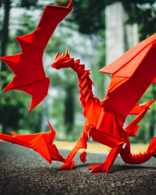 Image similar to high quality presentation photo of fire breathing dragon made from origami, photography 4k, f1.8 anamorphic, bokeh, 4k, Canon, Nikon