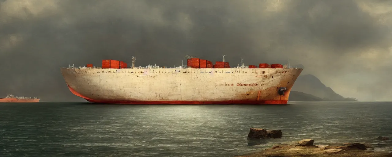 Image similar to paintifng of seasoned rusty white container ship containership near mountain sea shore by repin, matte painting, detailed, amazing, 4k resolution