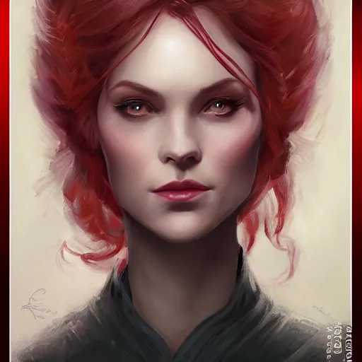 Image similar to a detailed matte head - on portrait painting of an middle - aged tiefling elegant and distinguished noblewoman with golden eyes and short long flowing red hair, by charlie bowater, lise deharme, wlop, tending on arstation, dungeons and dragon, dnd, pathfinder, fanart, oil on canvas