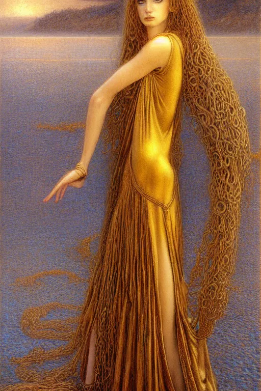 Image similar to portrait of tomboy in golden dress, fantasy, intricate, jean delville, luis royo