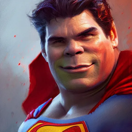 Prompt: portrait of a shrek as superman by greg rutkowski, highly detailed portrait, digital painting, artstation, concept art, smooth, sharp foccus ilustration, artstation hq