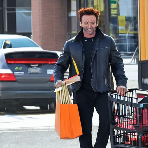 Image similar to photo of wolverine Hugh jackman in full X-men costume grocery shopping