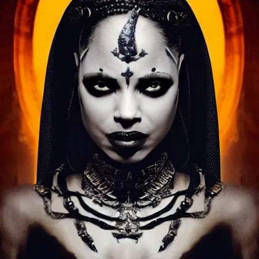 Image similar to Akasha, Queen of the Damned, full face frontal centred, very detailed, portrait, high contrast, menacing, powerful, filmic, shallow focus, night time