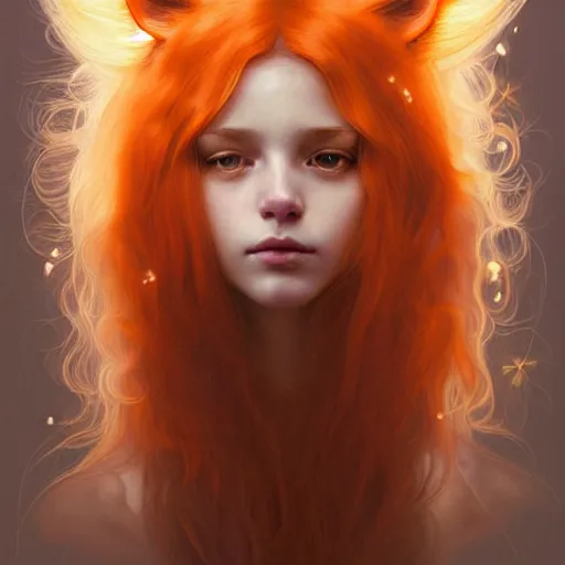 Image similar to Portrait of a girl angel with pale orange colored frizzy strands of illuminated hair, cat ears on her head, glowing halo, Lion's Mane, fantasy, intricate, elegant, highly detailed, digital painting, artstation, concept art, smooth, sharp focus, illustration, art by Krenz Cushart and Artem Demura and alphonse mucha