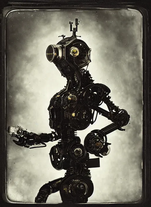 Prompt: old wetplate daguerreotype portrait of futuristic robot on fire, explosion of data fragments, fractal, intricate, elegant, highly detailed, parallax, leica, medium format, subsurface scattering, by jheronimus bosch and greg rutkowski and louis jacques mande daguerre