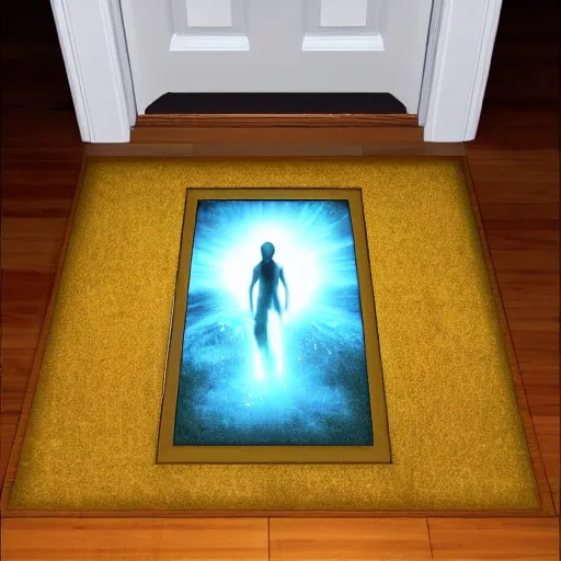 Prompt: portal door on the carpet opening to other dimensions, an alien coming out of the portal, scary