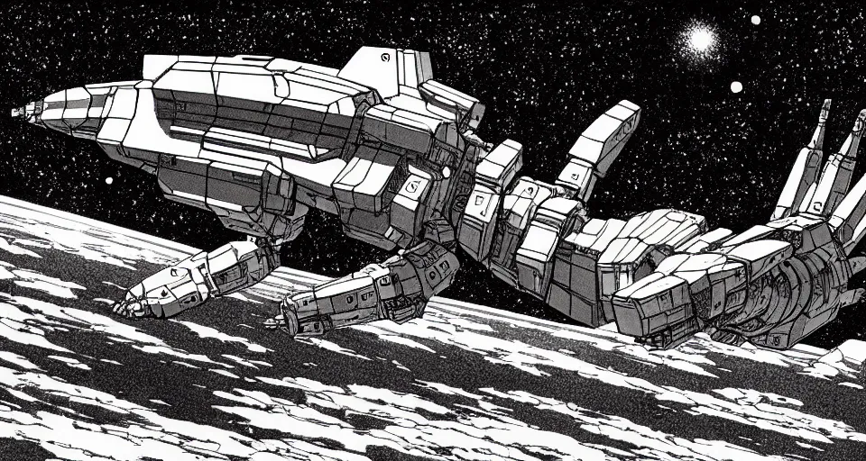 Image similar to a large mecha space ship in space, desaturated, moebius, complementing colors, maschinen krieger, dim lights, film