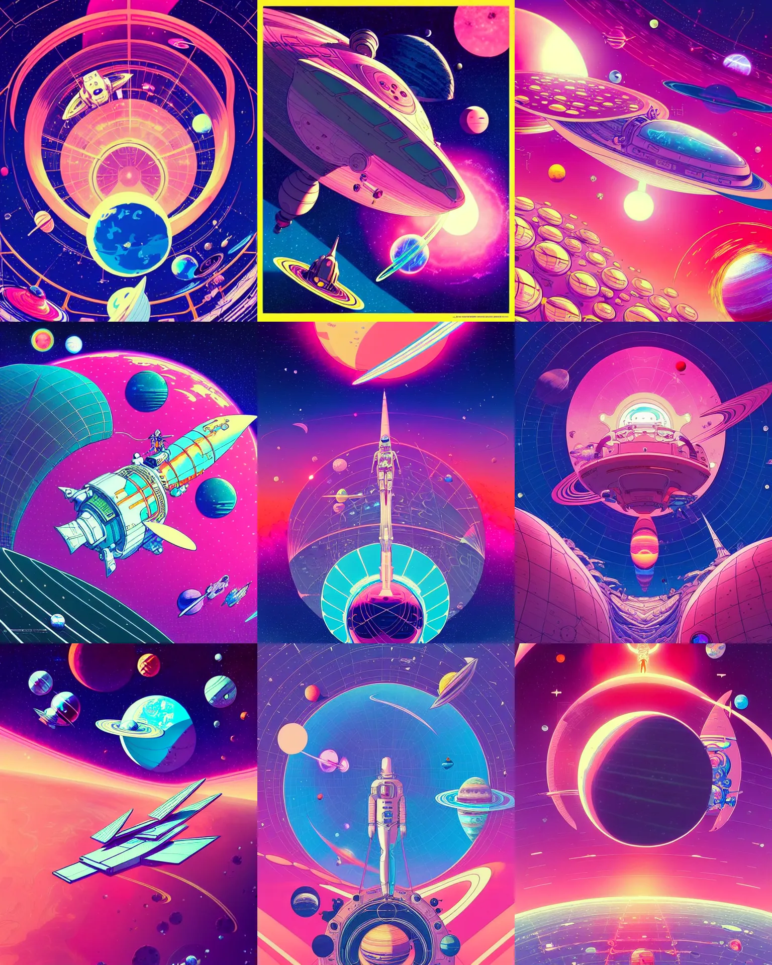 Prompt: spaceship flying through solar system in front of pink planet, intricate detailed environment, global illumination, vector art, concept art. by james jean and moebius and artgerm and liam brazier and victo ngai and tristan eaton.